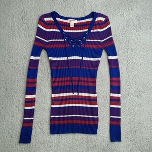 Arizona Jeans ribbed lace up striped sweater top blue purple white size S Y2K